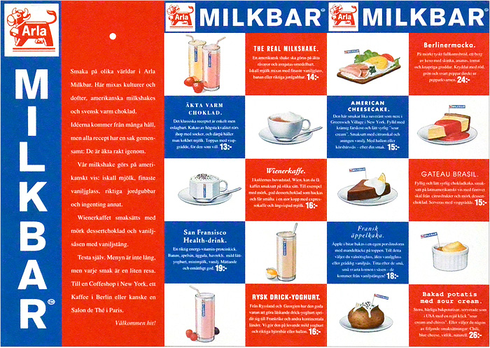 Meny med milkshake, kaffe, kakor mm, för Arlas Milkbar
