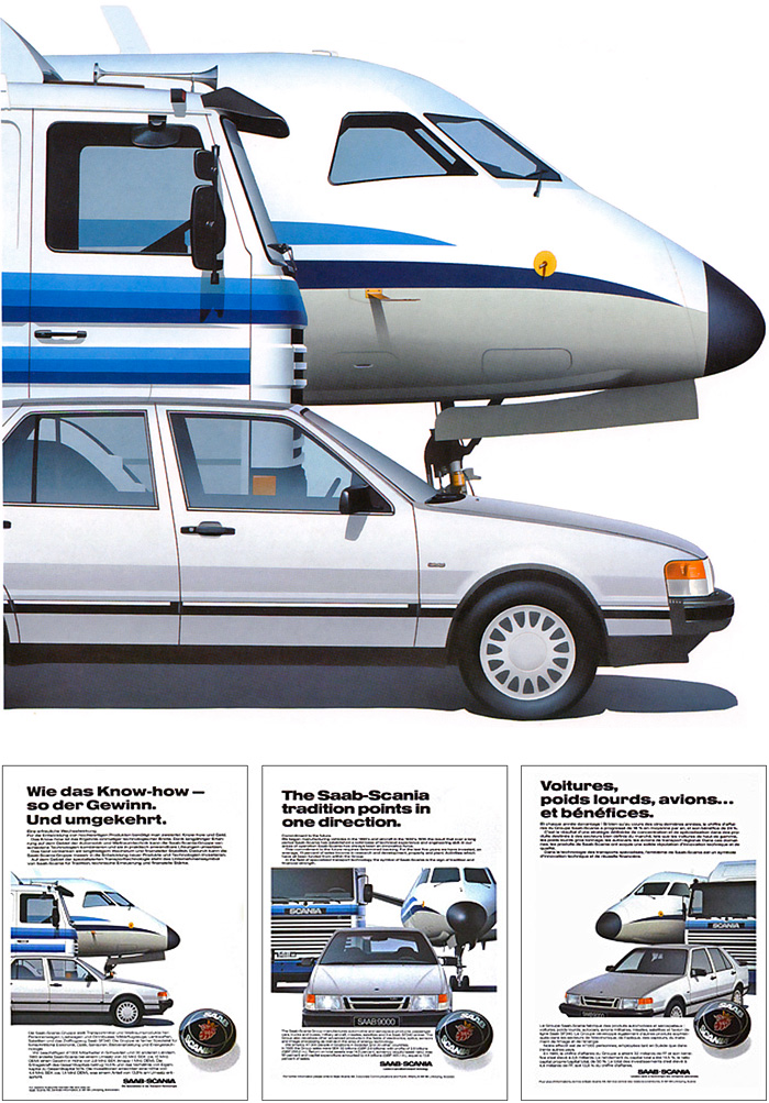 Saab-Scania bil, lastbil och flygplan.